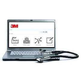 A laptop on a white background showing the 3M ifu finder homepage and a Littmann stethoscope beside it.
