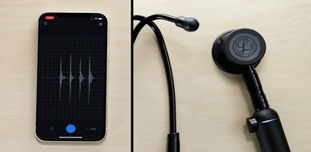 közeli kép a littmann CORE digitális fonendoszkópról az EKO mobilalkalmazással 
